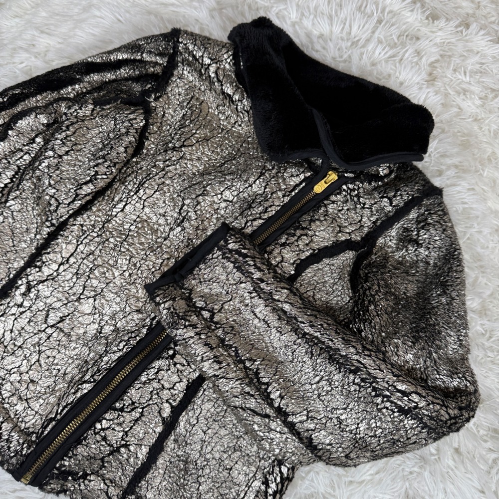 Bebe Girls Gold Metallic Crackle Moto Jacket Size Large 14 Y2K Retro Edgy Cozy